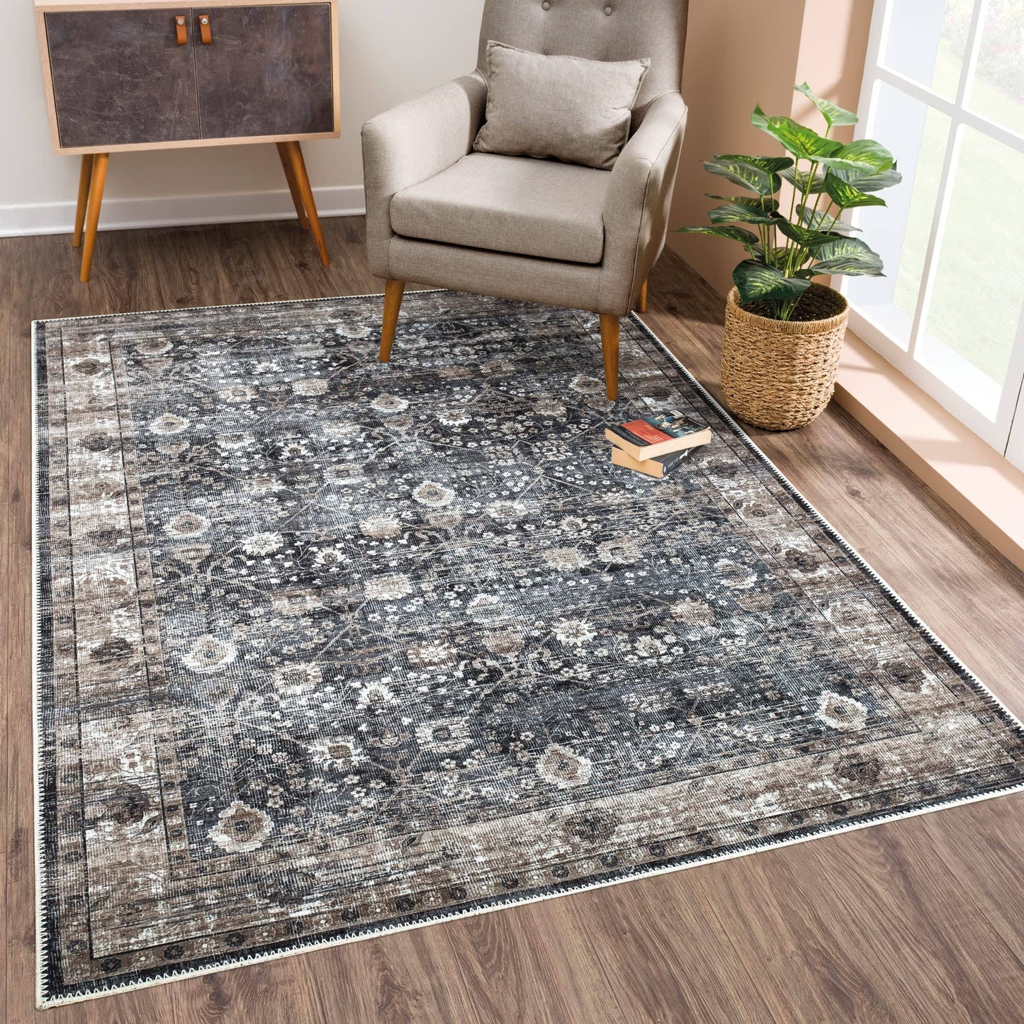 Bloom Rugs Washable Non-Slip 3' x 5' Rug - Black/Brown Traditional Area Rug for Living Room, Bedroom - Product image 1