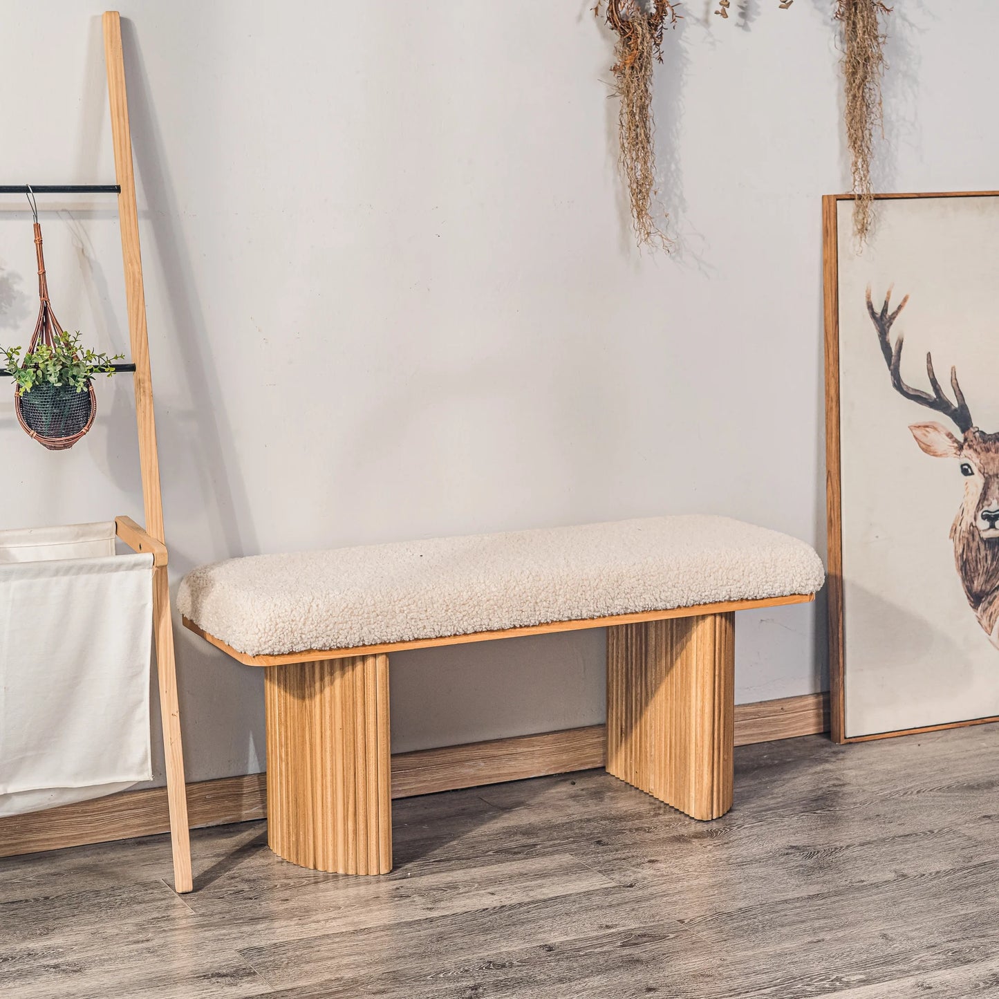 Solid Wood and Beige Velvet Bench Exotic Boho Entryway