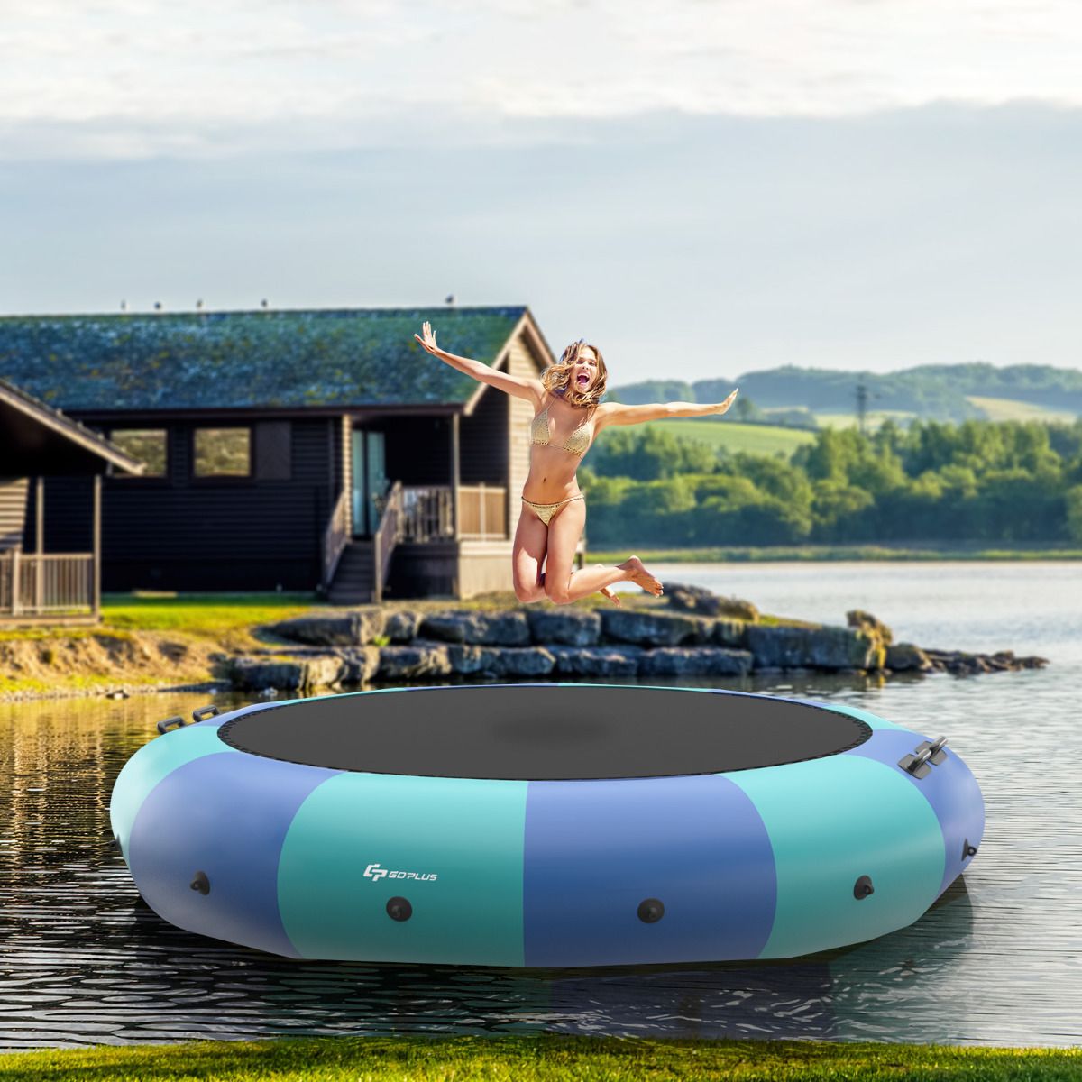 Inflatable Water Trampoline Dia.457cm 150kg Capacity with Ladder Repair Kit and 500w Electric Inflator Blue -