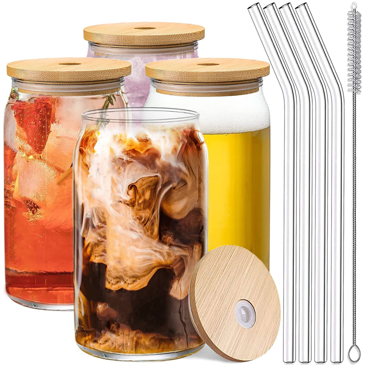 Drinking Glasses 4pc Set with Bamboo Lids & Straws - Can Shaped Glass Cups, Margarita Glasses - Product image 1