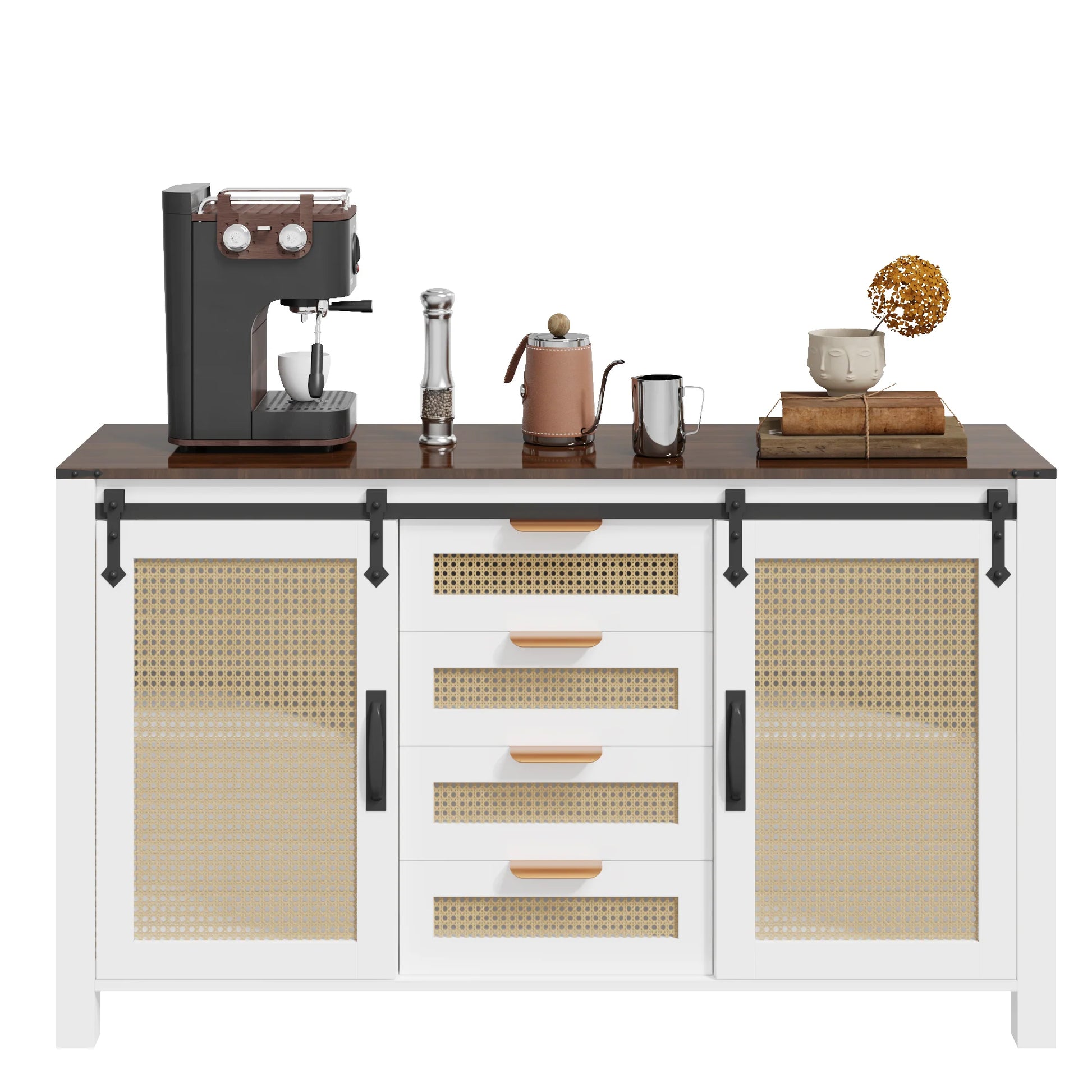 AECOJOY Farmhouse Sideboard Buffet Cabinet with Storage, Rattan Kitchen Cabinet w/Sliding Barn Doors & 4 - Product image 9