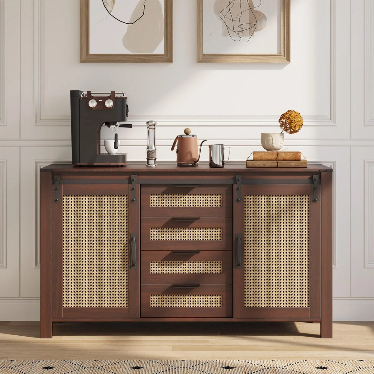AECOJOY Farmhouse Sideboard Buffet Cabinet with Storage, Rattan Kitchen Cabinet w/Sliding Barn Doors & 4 - Product image 8