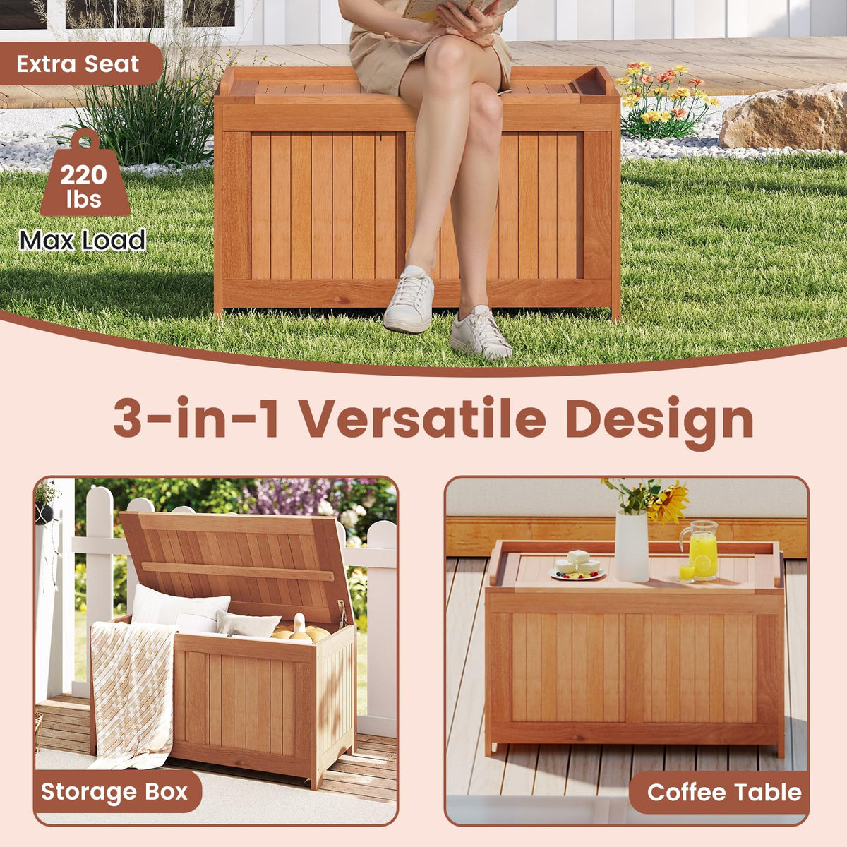 Tangkula 3-in-1 52 Gallon Wood Outdoor Storage Box