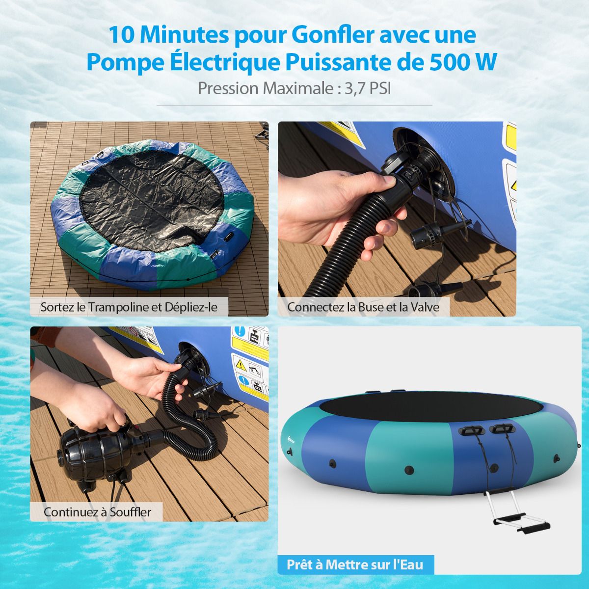 Inflatable Water Trampoline Dia.457cm 150kg Capacity with Ladder Repair Kit and 500w Electric Inflator Blue -