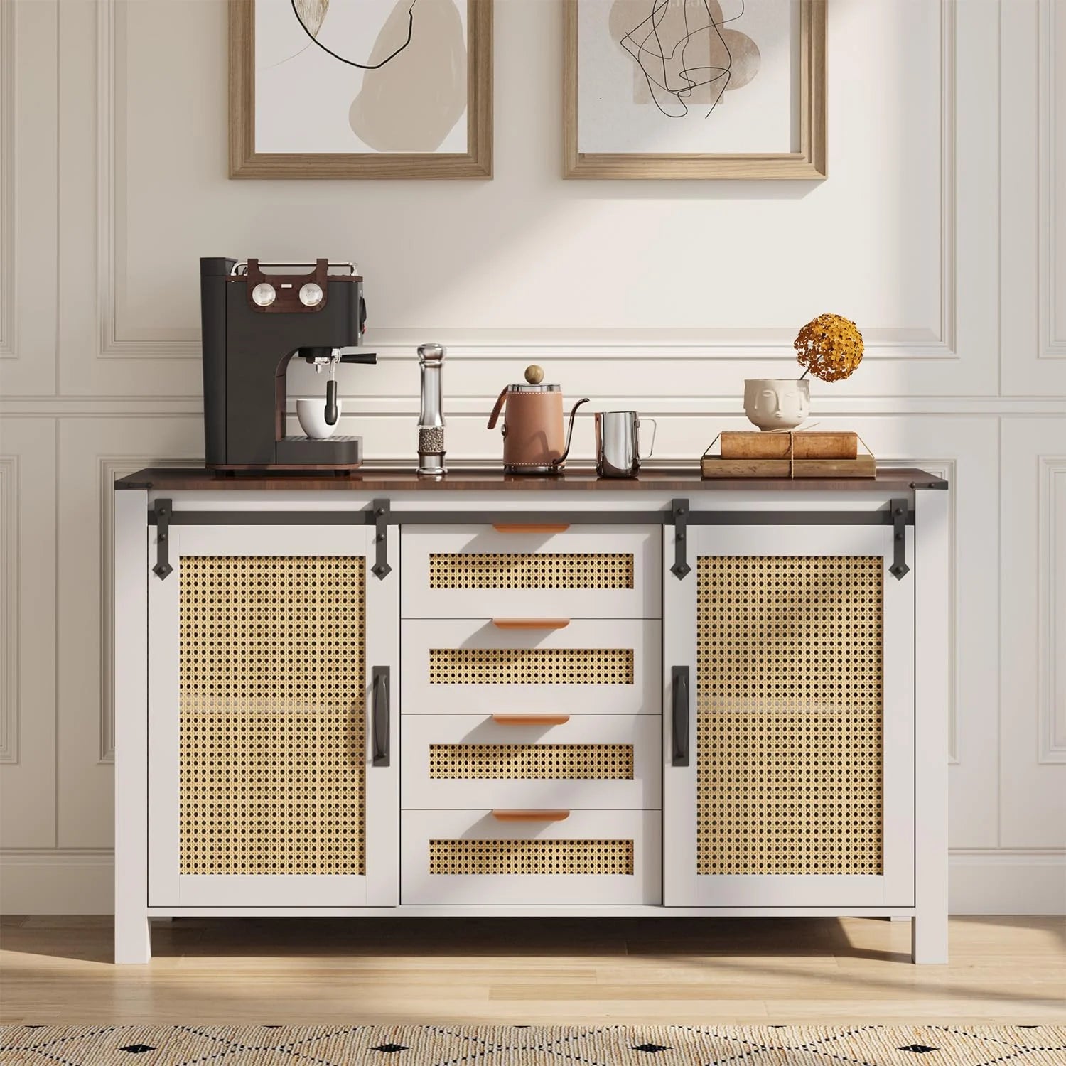 AECOJOY Farmhouse Sideboard Buffet Cabinet with Storage, Rattan Kitchen Cabinet w/Sliding Barn Doors & 4 - Product image 15