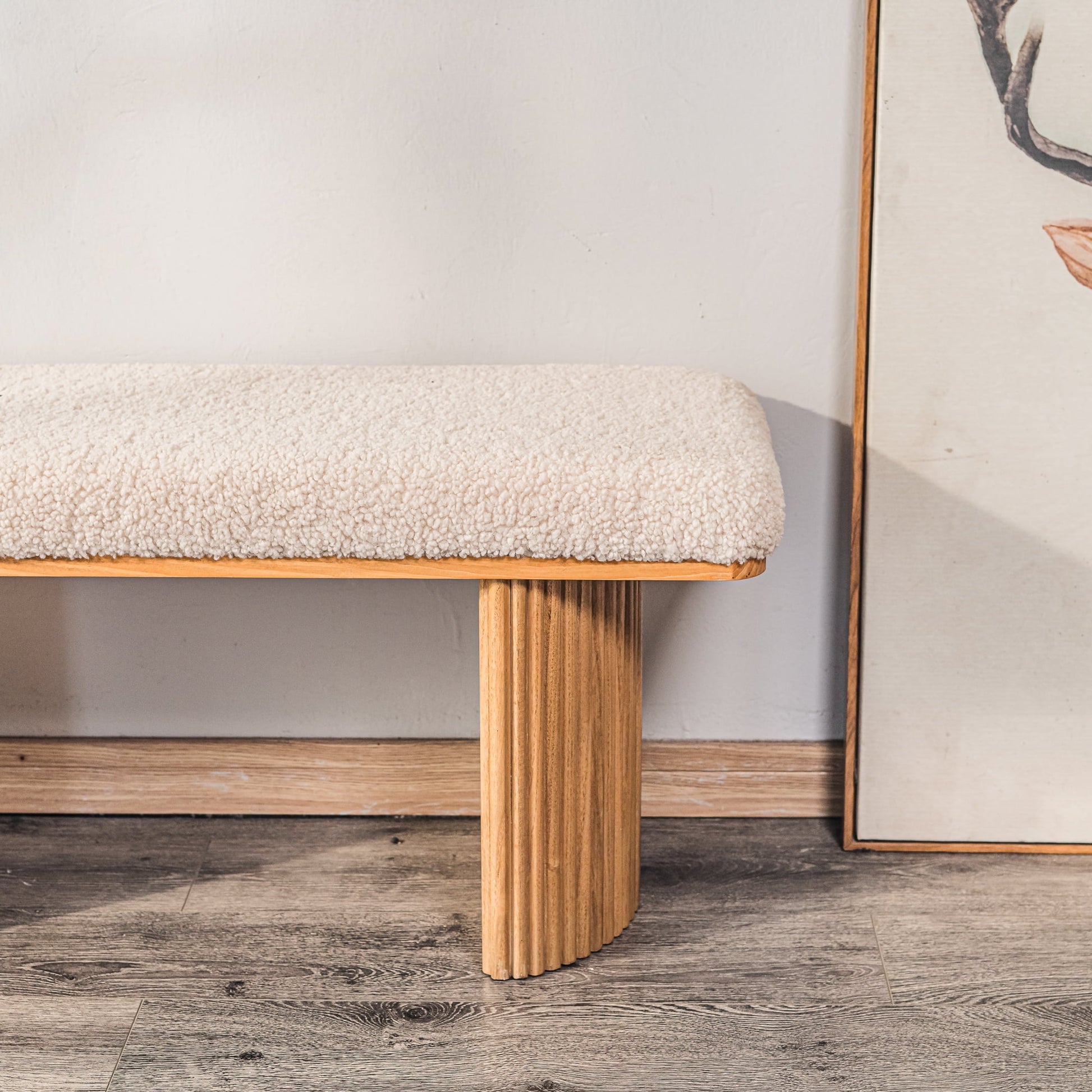 Solid Wood and Beige Velvet Bench Exotic Boho Entryway