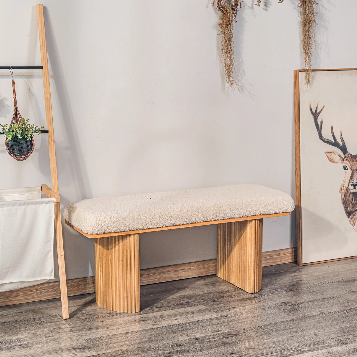 Solid Wood and Beige Velvet Bench Exotic Boho Entryway