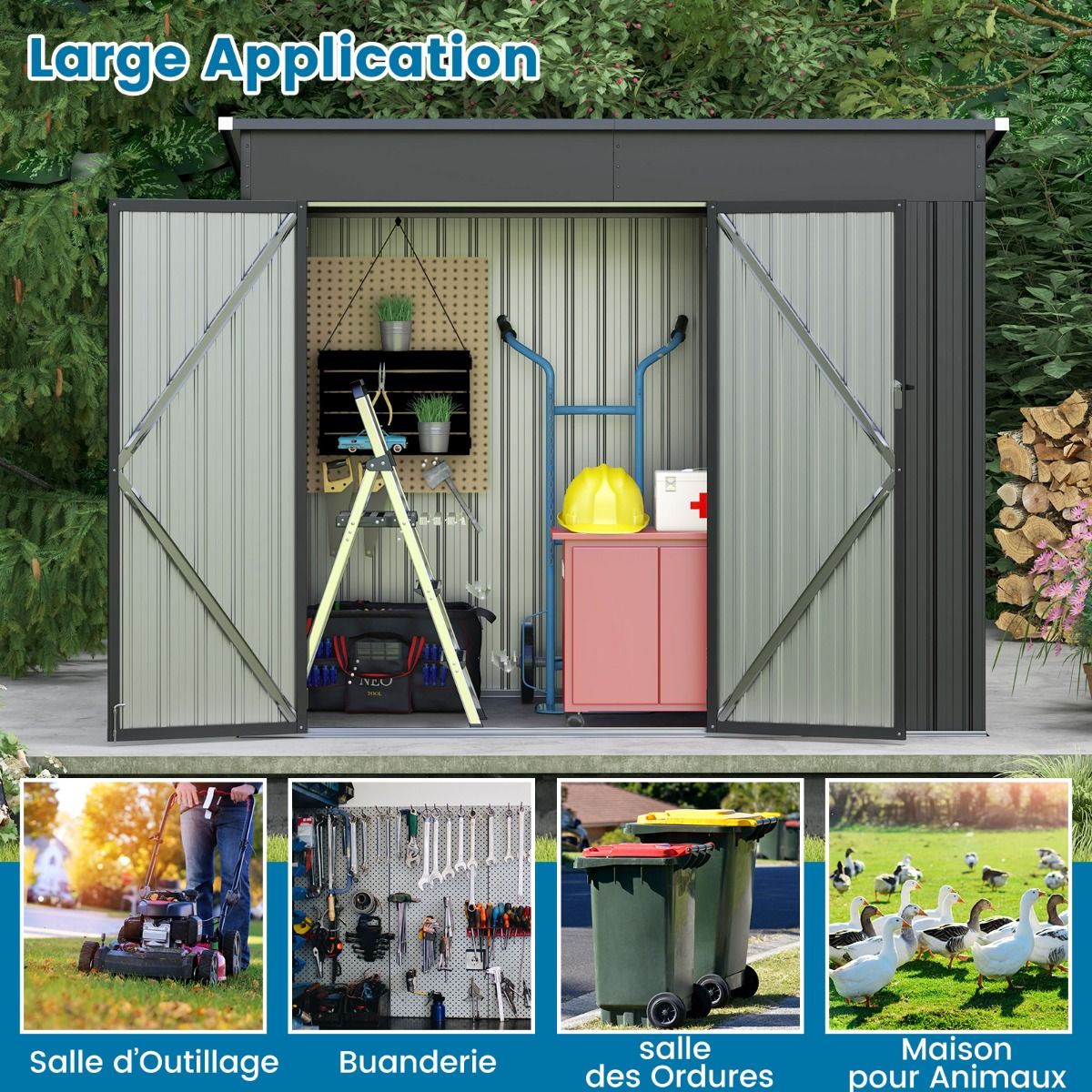 Outdoor Garden Shed Garden Tool Shed with 2 Doors Sloped Design Vents Galvanized Metal Frame 235x117x185cm Dark Gray -