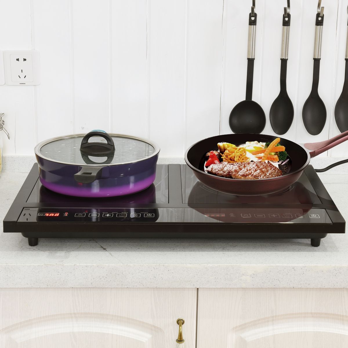 Double Electric Glass Ceramic Hob 1800W+1800W 2 Zones 8 Variable Temperature/Power Levels Black -