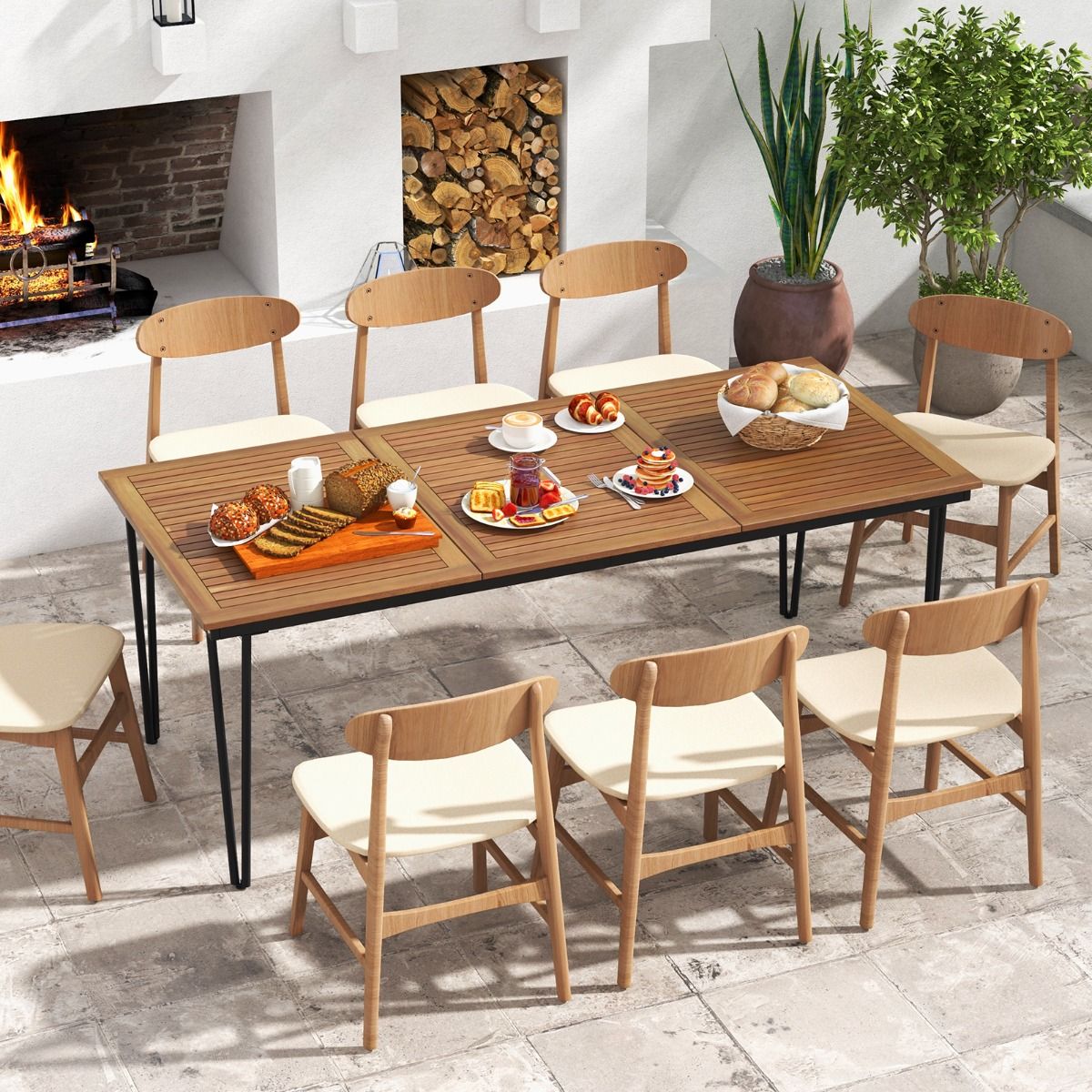 200 Cm Garden Table Outdoor Table for 8 People with Hole for 5 Cm Umbrella Metal Legs and Adjustable Footrest -