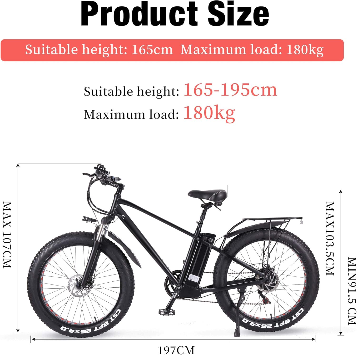 ride66 Electric Mountain Bike for Adult Men, 26 Inch 21Ah Shimano Lithium Battery 7 Speed, Men's Fat Bike Black XL -