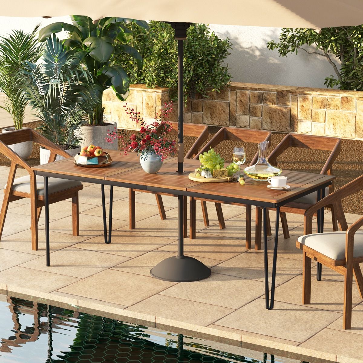 200 Cm Garden Table Outdoor Table for 8 People with Hole for 5 Cm Umbrella Metal Legs and Adjustable Footrest -