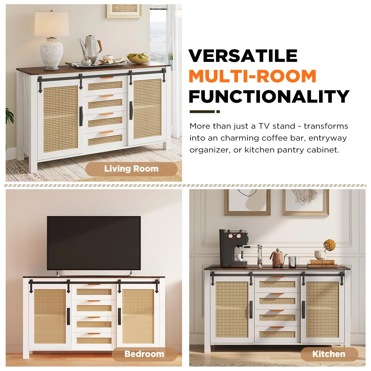 AECOJOY Farmhouse Sideboard Buffet Cabinet with Storage, Rattan Kitchen Cabinet w/Sliding Barn Doors & 4 - Product image 14