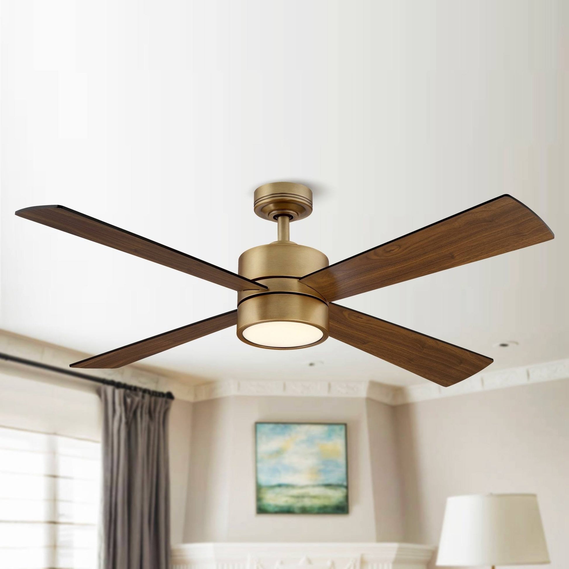 52" Wooden 4-Blade Brushed Brass LED Ceiling Fan with Remote - Walnut - Product image 1