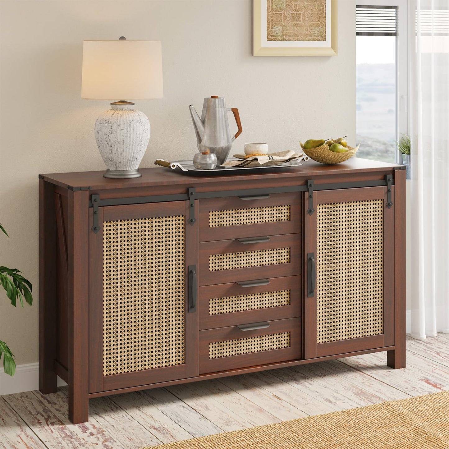 AECOJOY Farmhouse Sideboard Buffet Cabinet with Storage, Rattan Kitchen Cabinet w/Sliding Barn Doors & 4 - Product image 2