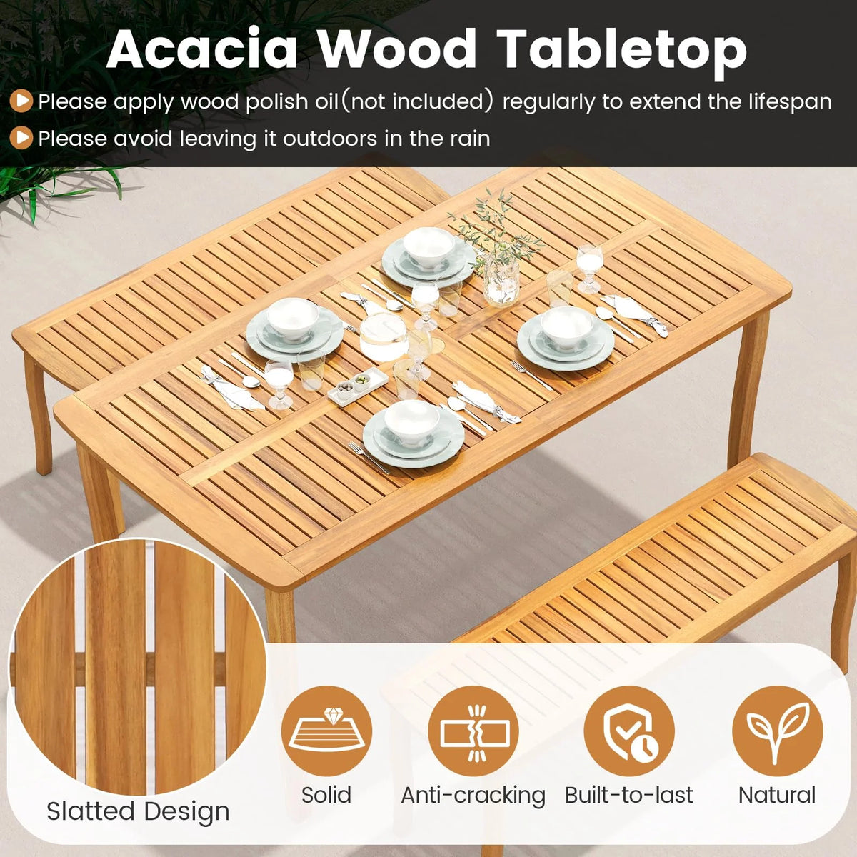 Tangkula 6 Pieces Acacia Wood Patio Dining Set with Bench - Product image 6